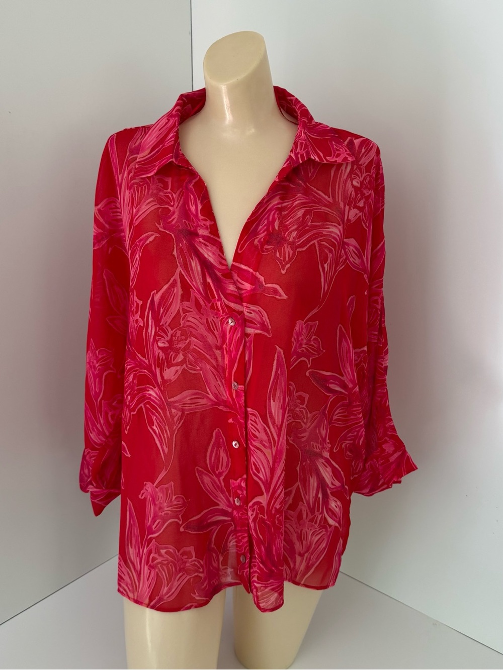 Zara Sheer Red Floral Button Down Shirt Blouse Size L Long Sleeve Ref 8691/137